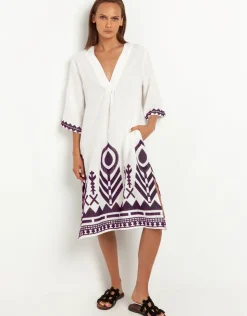 Greek Archaic Kori Feathers V Neck Midi Kaftan - White and Plum Clearance