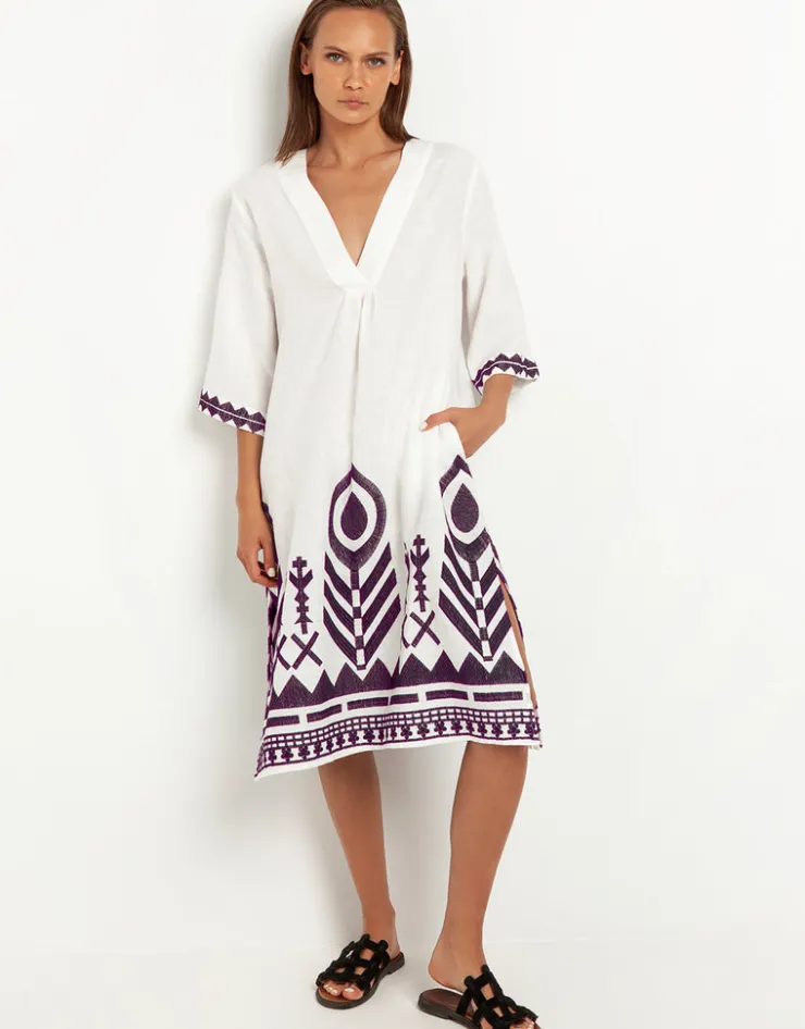 Greek Archaic Kori Feathers V Neck Midi Kaftan - White and Plum Clearance