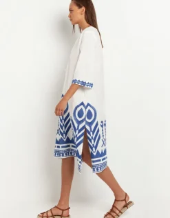 Greek Archaic Kori Feathers V Neck Midi Kaftan - White and Blue Clearance