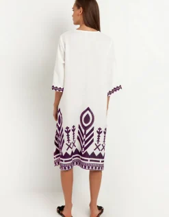 Greek Archaic Kori Feathers V Neck Midi Kaftan - White and Plum Clearance
