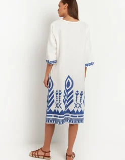 Greek Archaic Kori Feathers V Neck Midi Kaftan - White and Blue Clearance