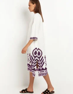 Greek Archaic Kori Feathers V Neck Midi Kaftan - White and Plum Clearance