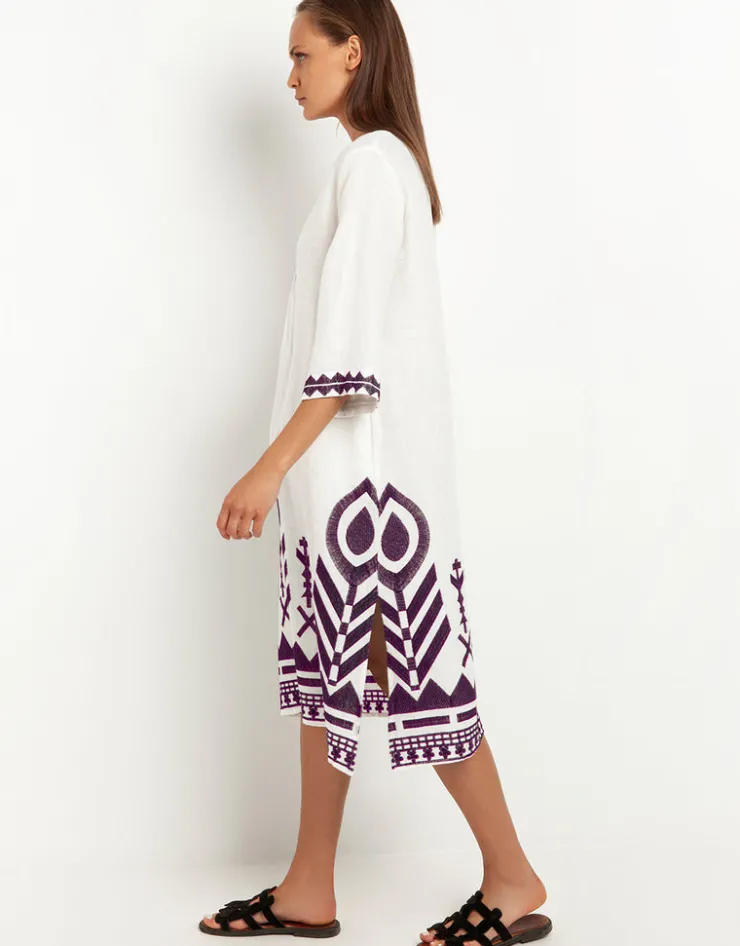 Greek Archaic Kori Feathers V Neck Midi Kaftan - White and Plum Clearance