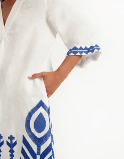 Greek Archaic Kori Feathers V Neck Midi Kaftan - White and Blue Clearance