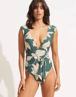 Seafolly Fleur de Bloom V Neck Swimsuit - Evergreen Discount