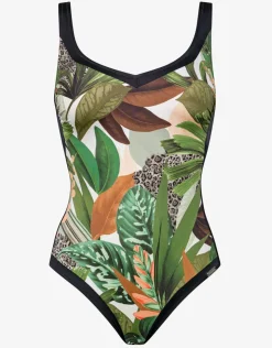 Charmline Floral Safari Shaped Neck Swimsuit - White Jungle Fashion