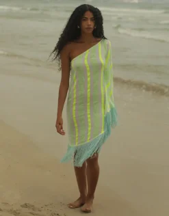 Pitusa Fringed One Shoulder Kaftan - Neon Yellow New