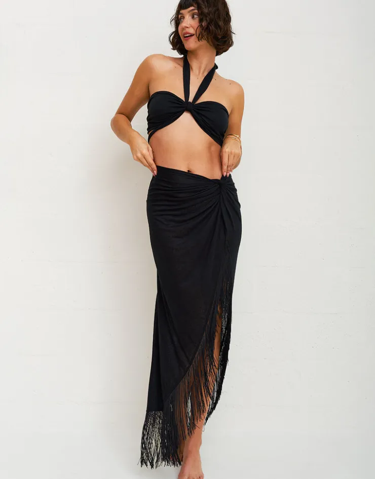 Pitusa Fringed Sarong Skirt - Black Hot