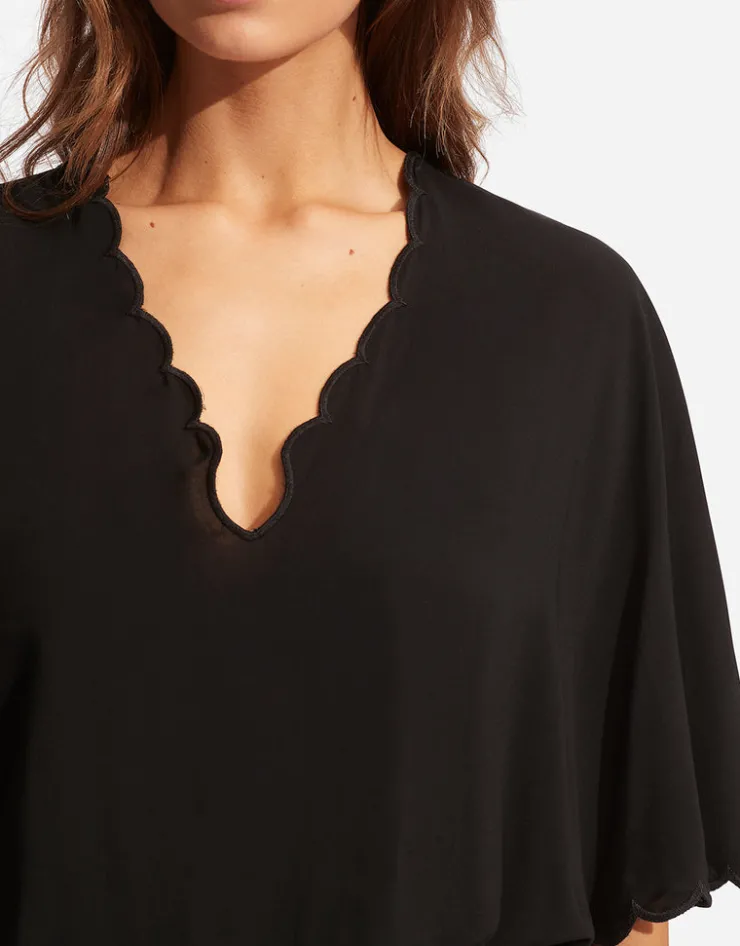 Seafolly Gia Scallop Kaftan - Black Hot