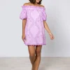Juliet Dunn Ginko Print Off Shoulder Mini Dress with Ric-Rac - Violet and Peach Sale
