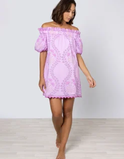 Juliet Dunn Ginko Print Off Shoulder Mini Dress with Ric-Rac - Violet and Peach Sale