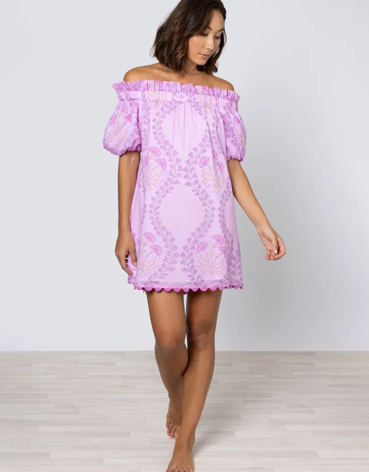 Juliet Dunn Ginko Print Off Shoulder Mini Dress with Ric-Rac - Violet and Peach Sale