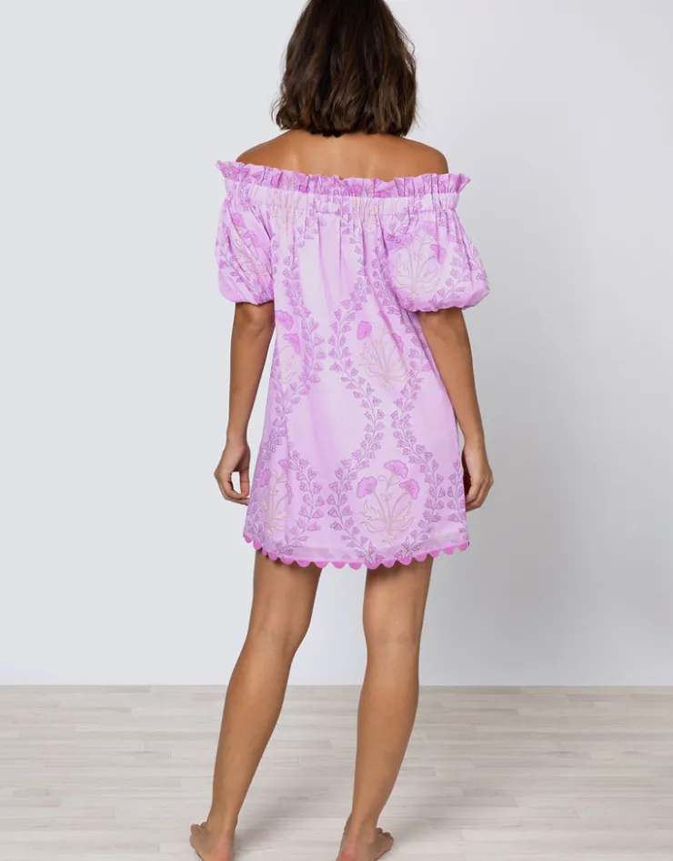 Juliet Dunn Ginko Print Off Shoulder Mini Dress with Ric-Rac - Violet and Peach Sale