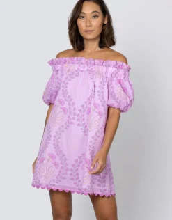 Juliet Dunn Ginko Print Off Shoulder Mini Dress with Ric-Rac - Violet and Peach Sale