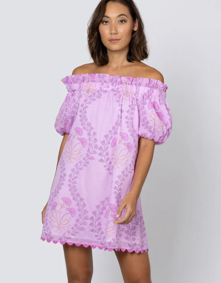 Juliet Dunn Ginko Print Off Shoulder Mini Dress with Ric-Rac - Violet and Peach Sale