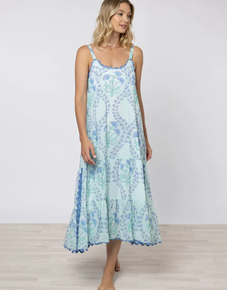 Juliet Dunn Ginko Print Swing Dress with Ric-Rac - Aqua and Blue Outlet