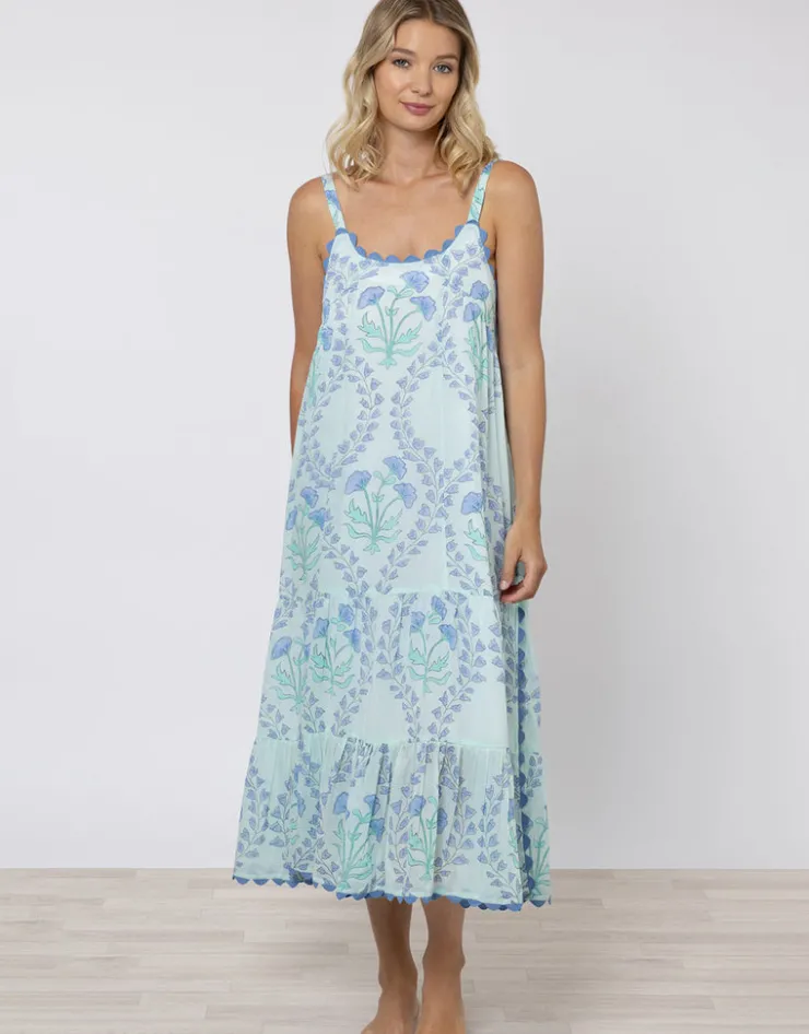 Juliet Dunn Ginko Print Swing Dress with Ric-Rac - Aqua and Blue Outlet