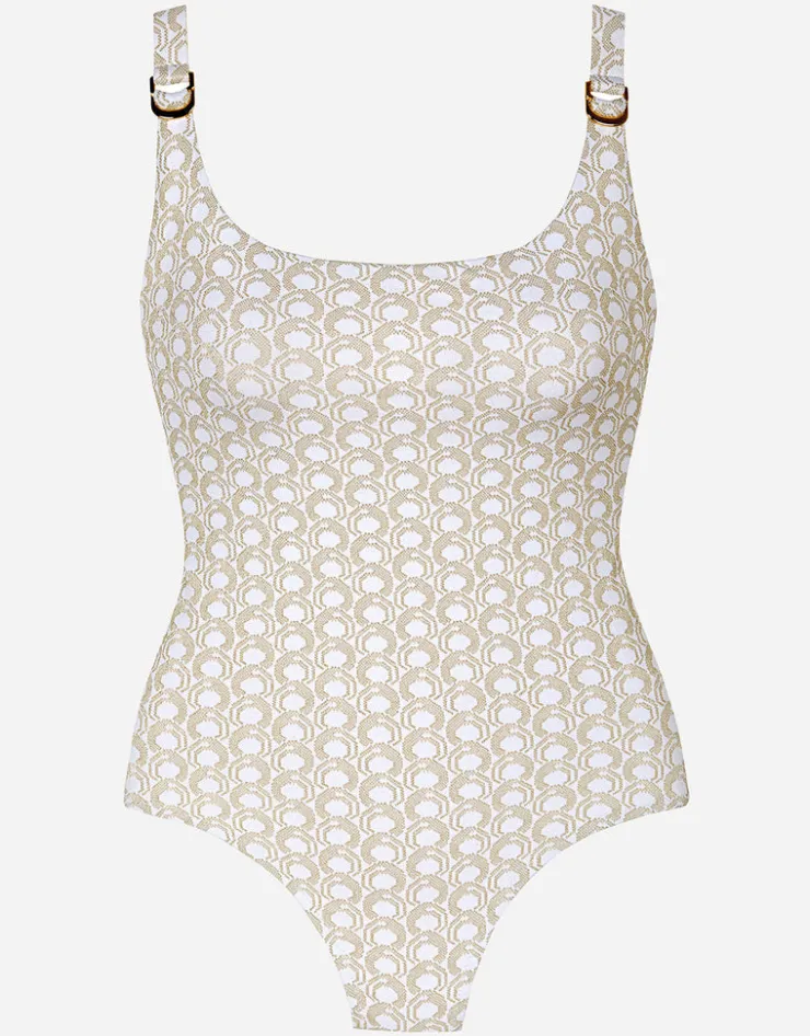 Tessy Indira Round Neck Swimsuit - White and Gold Online