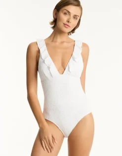 Sea Level Interlace Frill Swimsuit - White Outlet