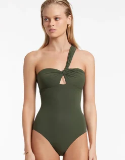 Jets et Gathered One Shoulder Swimsuit - Olive Discount