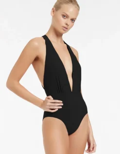 Jets et Plunge Loop Back Swimsuit - Black Fashion