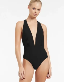 Jets et Plunge Loop Back Swimsuit - Black Fashion