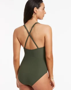 Jets et Twist Front Crossback Swimsuit - Olive Discount