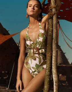 Maryan Mehlhorn Journey Belted Halterneck Swimsuit - Cream Reed Clearance