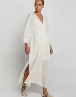 Greek Archaic Kori Lefkada Kimono Sleeve Maxi Kaftan - Natural and Champagne Outlet