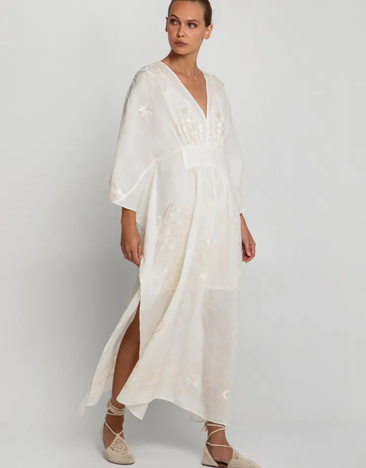 Greek Archaic Kori Lefkada Kimono Sleeve Maxi Kaftan - Natural and Champagne Outlet
