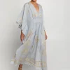 Greek Archaic Kori Lefkada Kimono Sleeve Maxi Kaftan - Light Grey and Gold Outlet