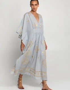 Greek Archaic Kori Lefkada Kimono Sleeve Maxi Kaftan - Light Grey and Gold Outlet