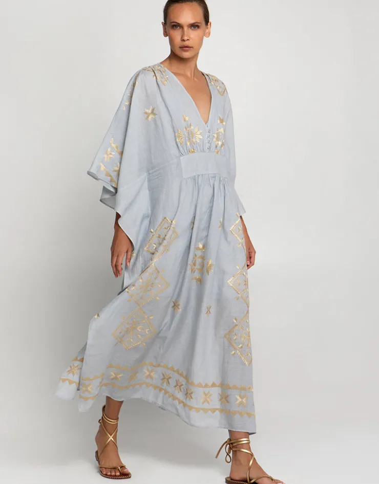 Greek Archaic Kori Lefkada Kimono Sleeve Maxi Kaftan - Light Grey and Gold Outlet