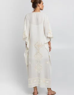 Greek Archaic Kori Lefkada Kimono Sleeve Maxi Kaftan - Natural and Champagne Outlet