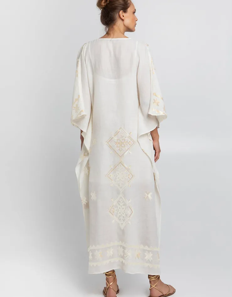 Greek Archaic Kori Lefkada Kimono Sleeve Maxi Kaftan - Natural and Champagne Outlet