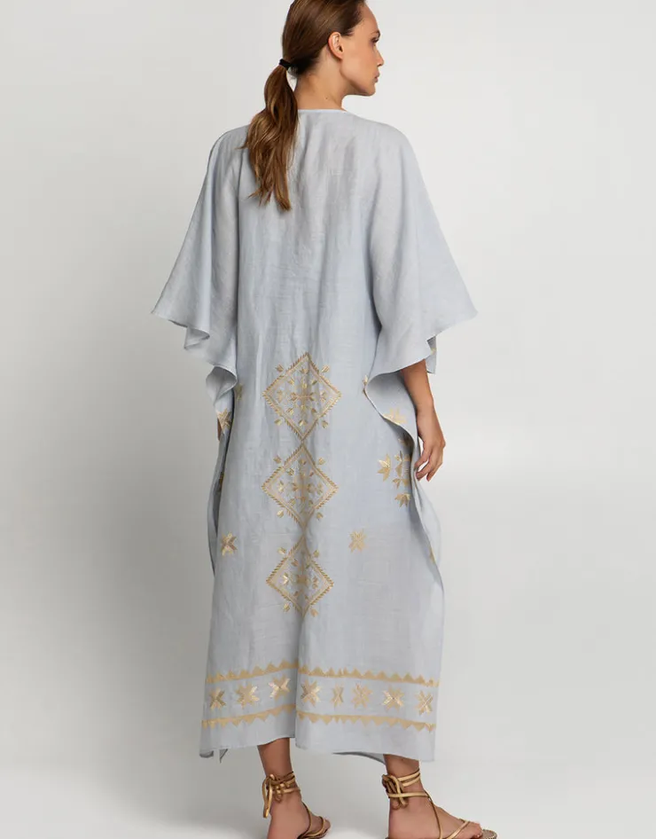 Greek Archaic Kori Lefkada Kimono Sleeve Maxi Kaftan - Light Grey and Gold Outlet