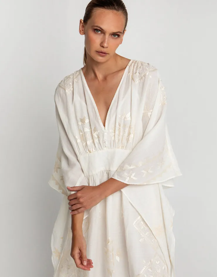 Greek Archaic Kori Lefkada Kimono Sleeve Maxi Kaftan - Natural and Champagne Outlet