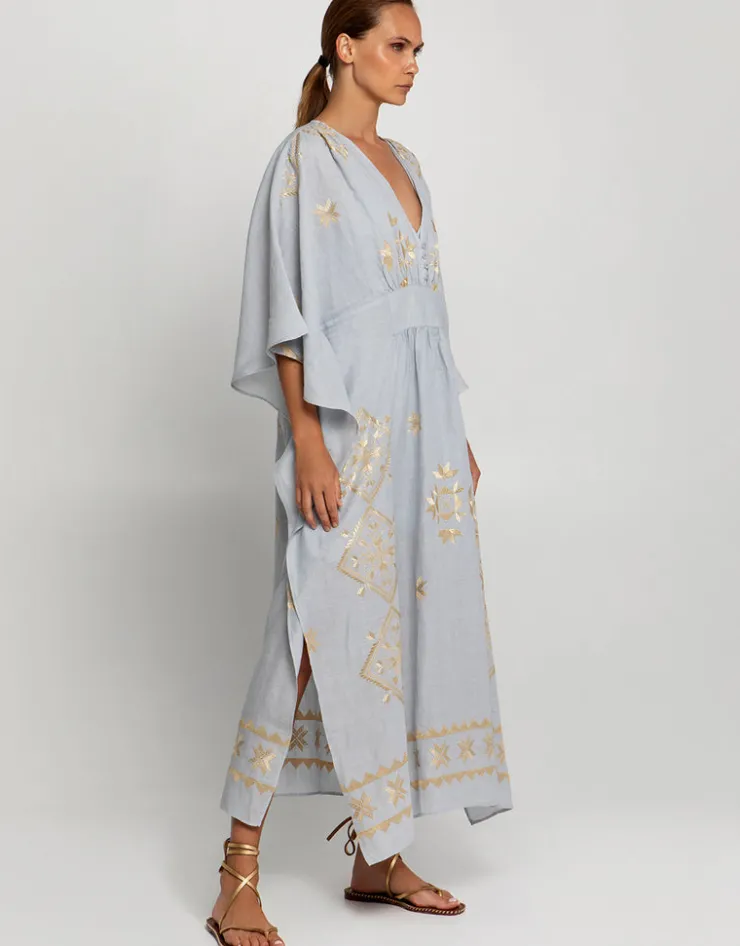 Greek Archaic Kori Lefkada Kimono Sleeve Maxi Kaftan - Light Grey and Gold Outlet
