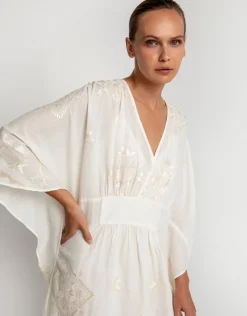 Greek Archaic Kori Lefkada Kimono Sleeve Maxi Kaftan - Natural and Champagne Outlet