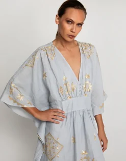 Greek Archaic Kori Lefkada Kimono Sleeve Maxi Kaftan - Light Grey and Gold Outlet