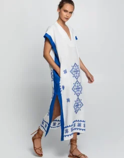Greek Archaic Kori Lefkada Midi Kaftan Tunic - White and Blue Fashion