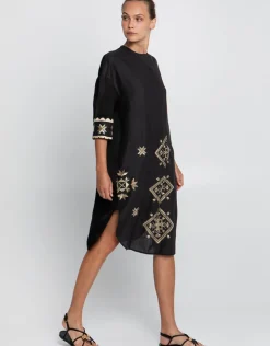 Greek Archaic Kori Lefkada Midi Shirt Dress - Black and Gold Hot