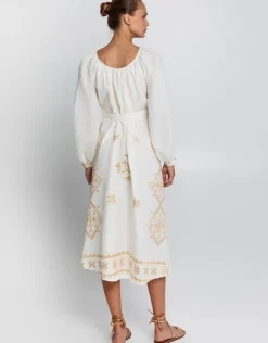 Greek Archaic Kori Lefkada Round Neck Midi Kaftan Dress - Natural and Gold Sale