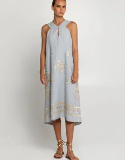 Greek Archaic Kori Lefkada Sleeveless Midi Dress - Light Grey and Gold Fashion