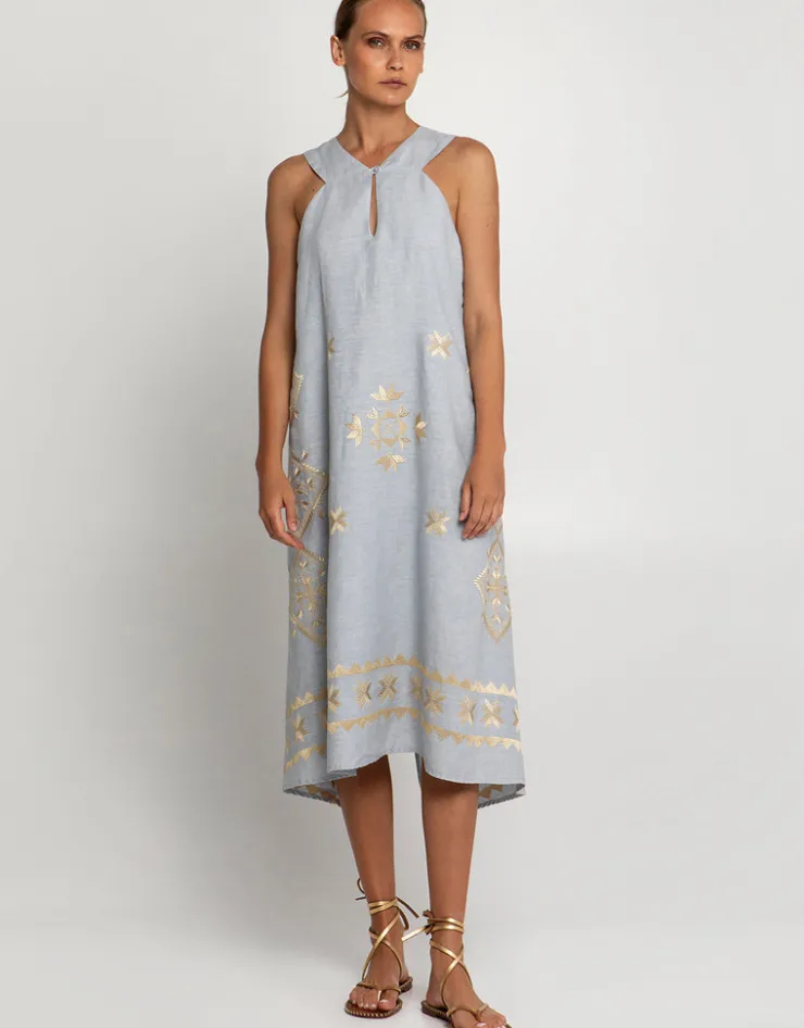 Greek Archaic Kori Lefkada Sleeveless Midi Dress - Light Grey and Gold Fashion