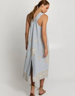 Greek Archaic Kori Lefkada Sleeveless Midi Dress - Light Grey and Gold Fashion