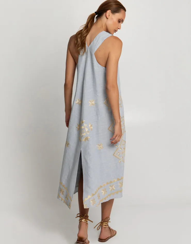 Greek Archaic Kori Lefkada Sleeveless Midi Dress - Light Grey and Gold Fashion