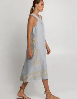 Greek Archaic Kori Lefkada Sleeveless Midi Dress - Light Grey and Gold Fashion