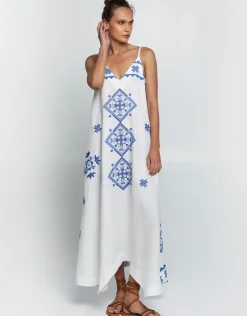 Greek Archaic Kori Lefkada Strappy Maxi Dress - White and Blue Fashion