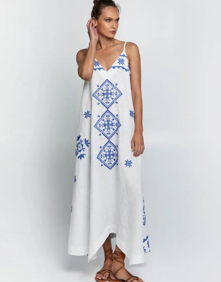 Greek Archaic Kori Lefkada Strappy Maxi Dress - White and Blue Fashion